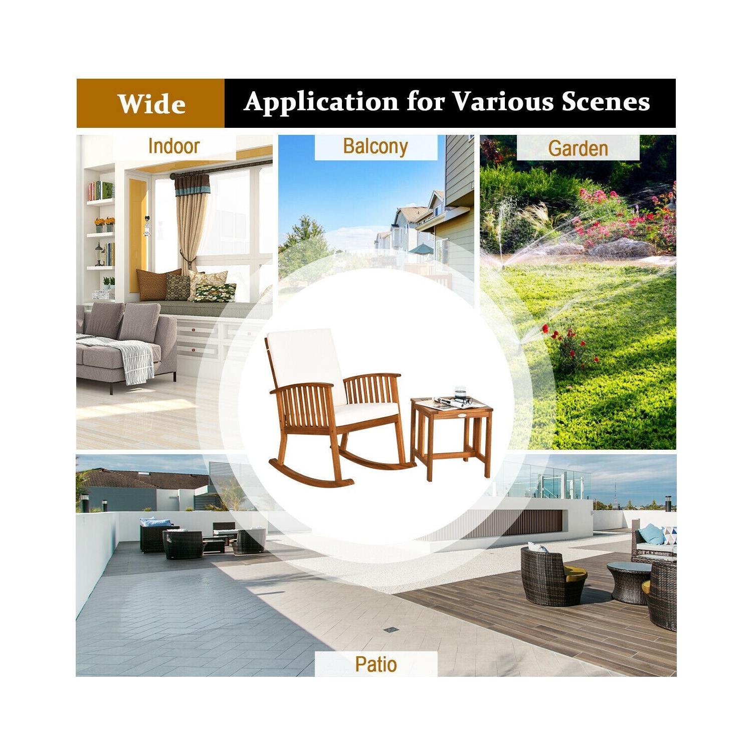 Ensemble de 2 chaises berçants en bois d’acacia pour patio