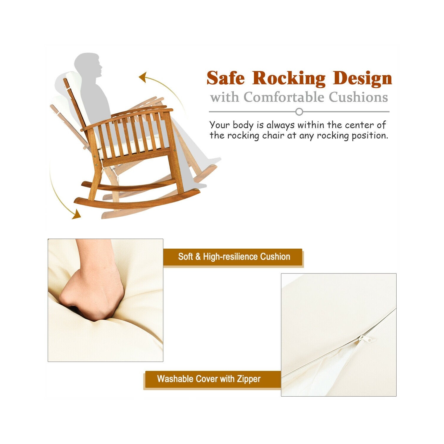 Ensemble de 2 chaises berçants en bois d’acacia pour patio