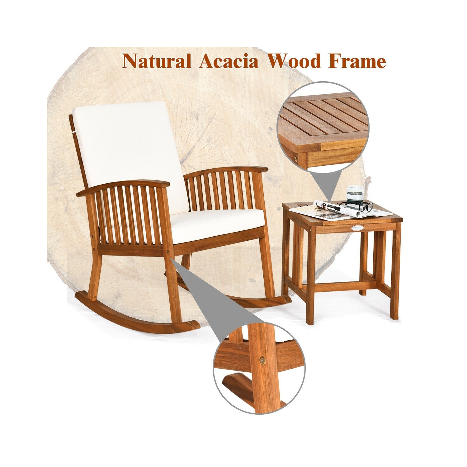 Ensemble de 2 chaises berçants en bois d’acacia pour patio