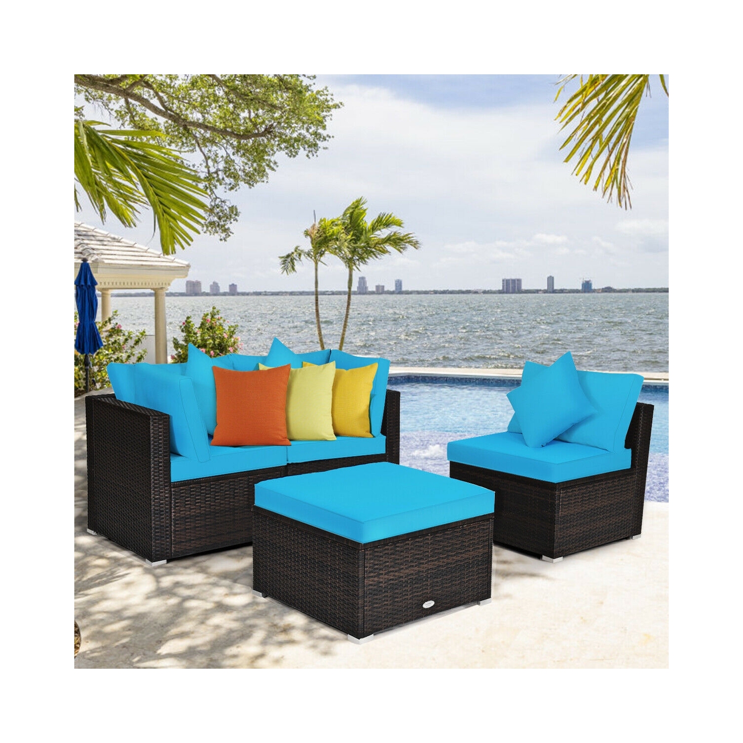 4-Piece Ottoman Garden Patio Rattan Wicker Furniture Set with Cushions