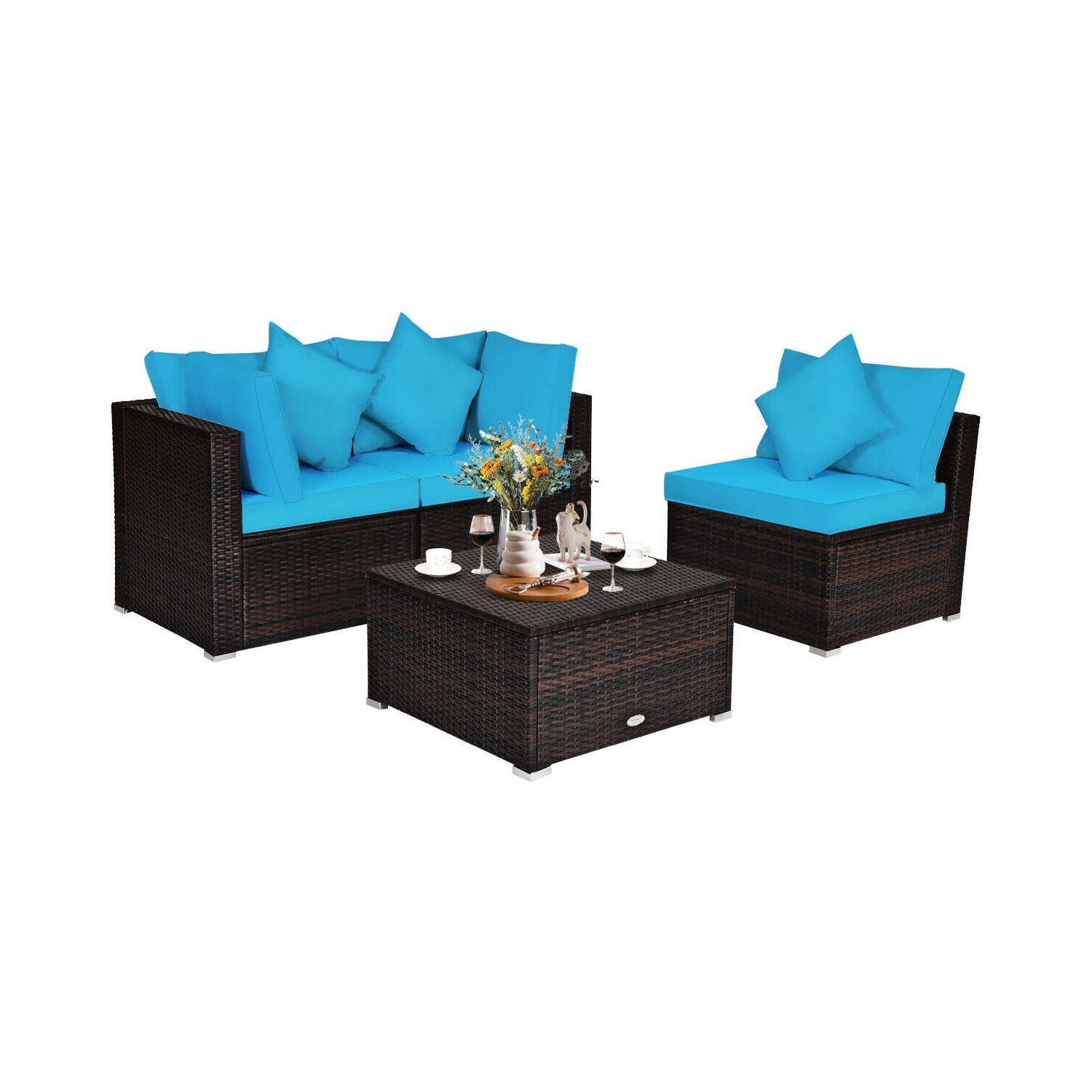 4-Piece Ottoman Garden Patio Rattan Wicker Furniture Set with Cushions