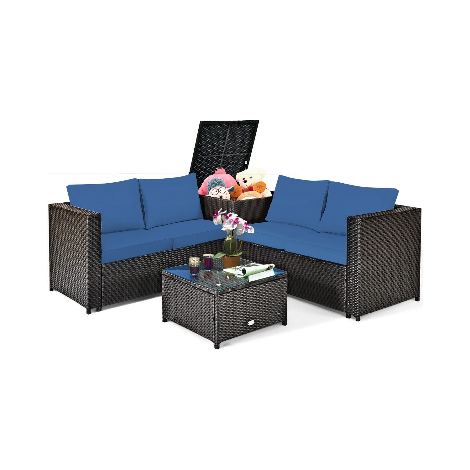 4-Piece Outdoor Patio Rattan Furniture Set with Cushioned Loveseat and Storage Box