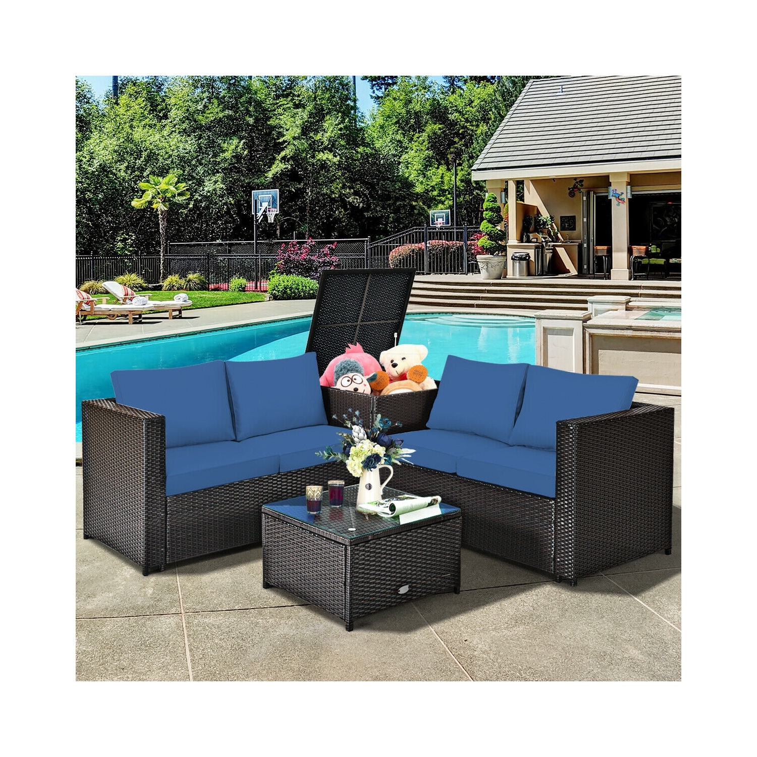 4-Piece Outdoor Patio Rattan Furniture Set with Cushioned Loveseat and Storage Box