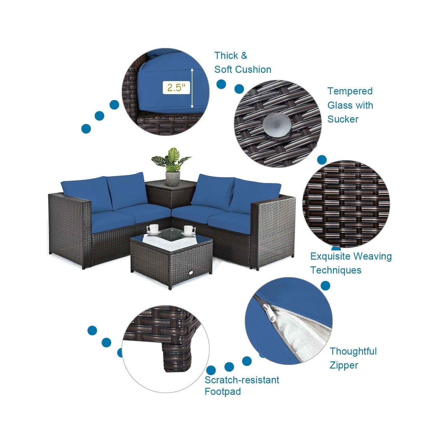 4-Piece Outdoor Patio Rattan Furniture Set with Cushioned Loveseat and Storage Box