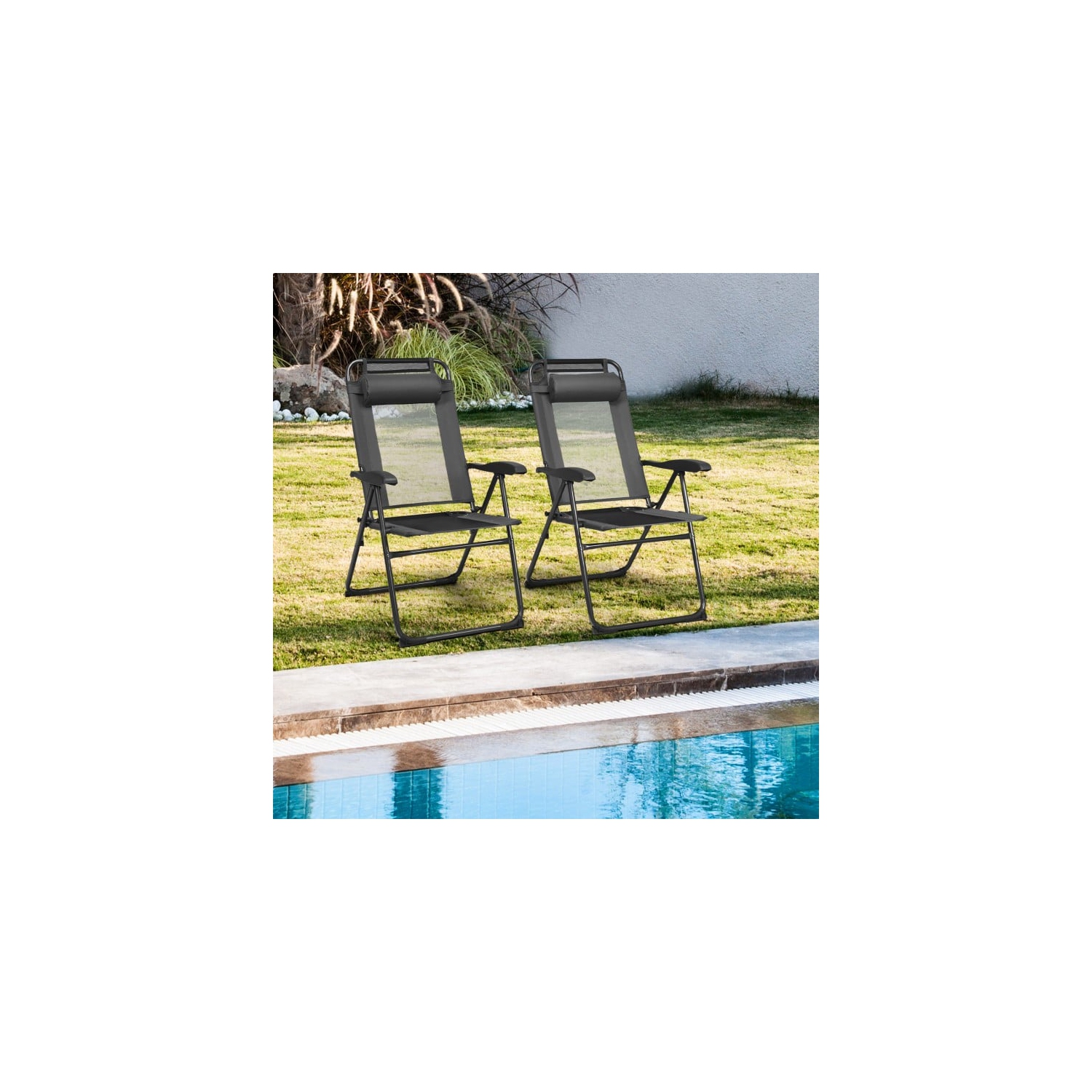 Ensemble de 2 chaises de patio inclinables ajustables et pliantes avec dossier à 7 niveaux pour un confort extérieur
