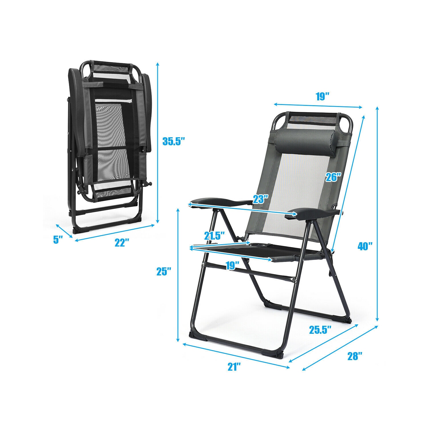 Ensemble de 2 chaises de patio inclinables ajustables et pliantes avec dossier à 7 niveaux pour un confort extérieur