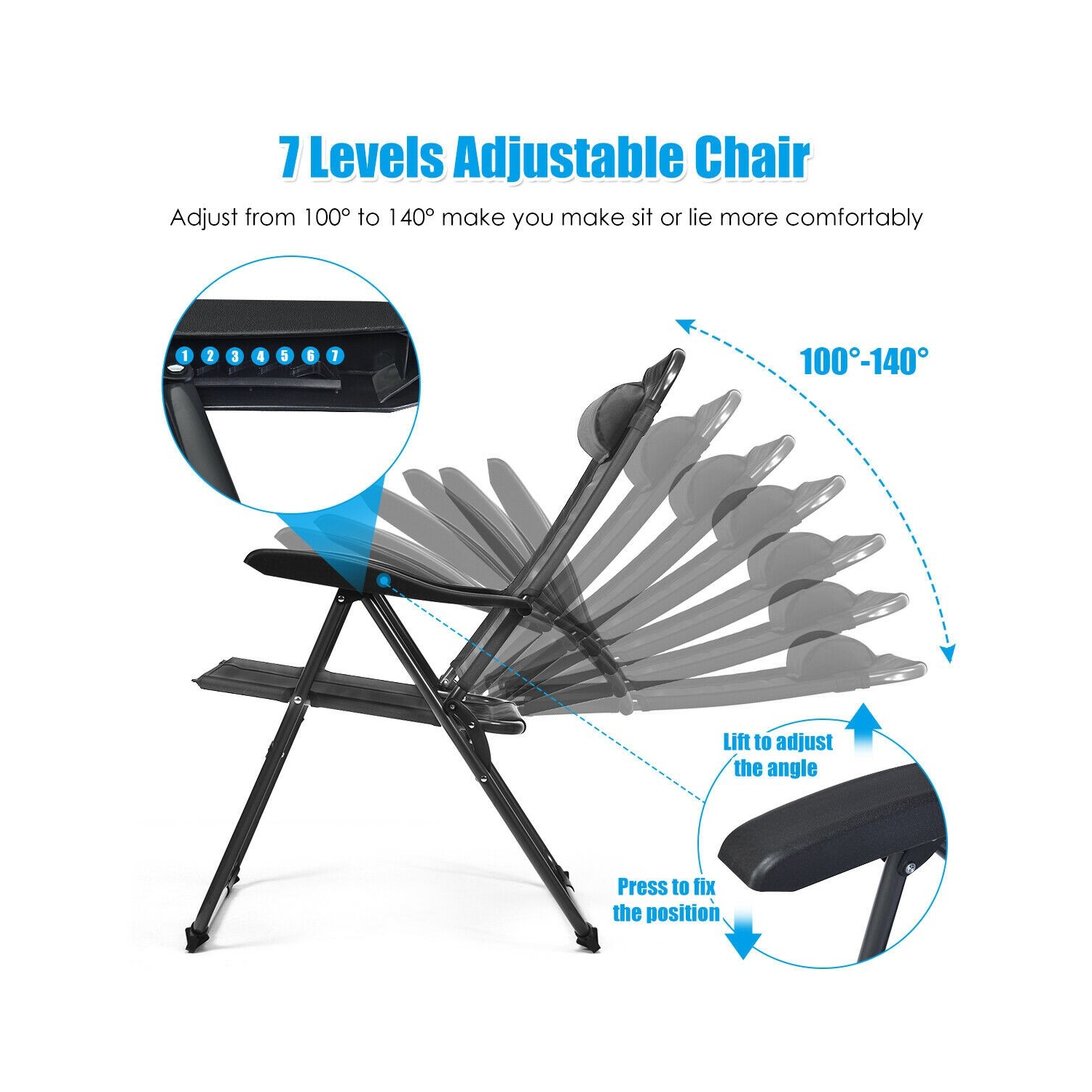 Ensemble de 2 chaises de patio inclinables ajustables et pliantes avec dossier à 7 niveaux pour un confort extérieur