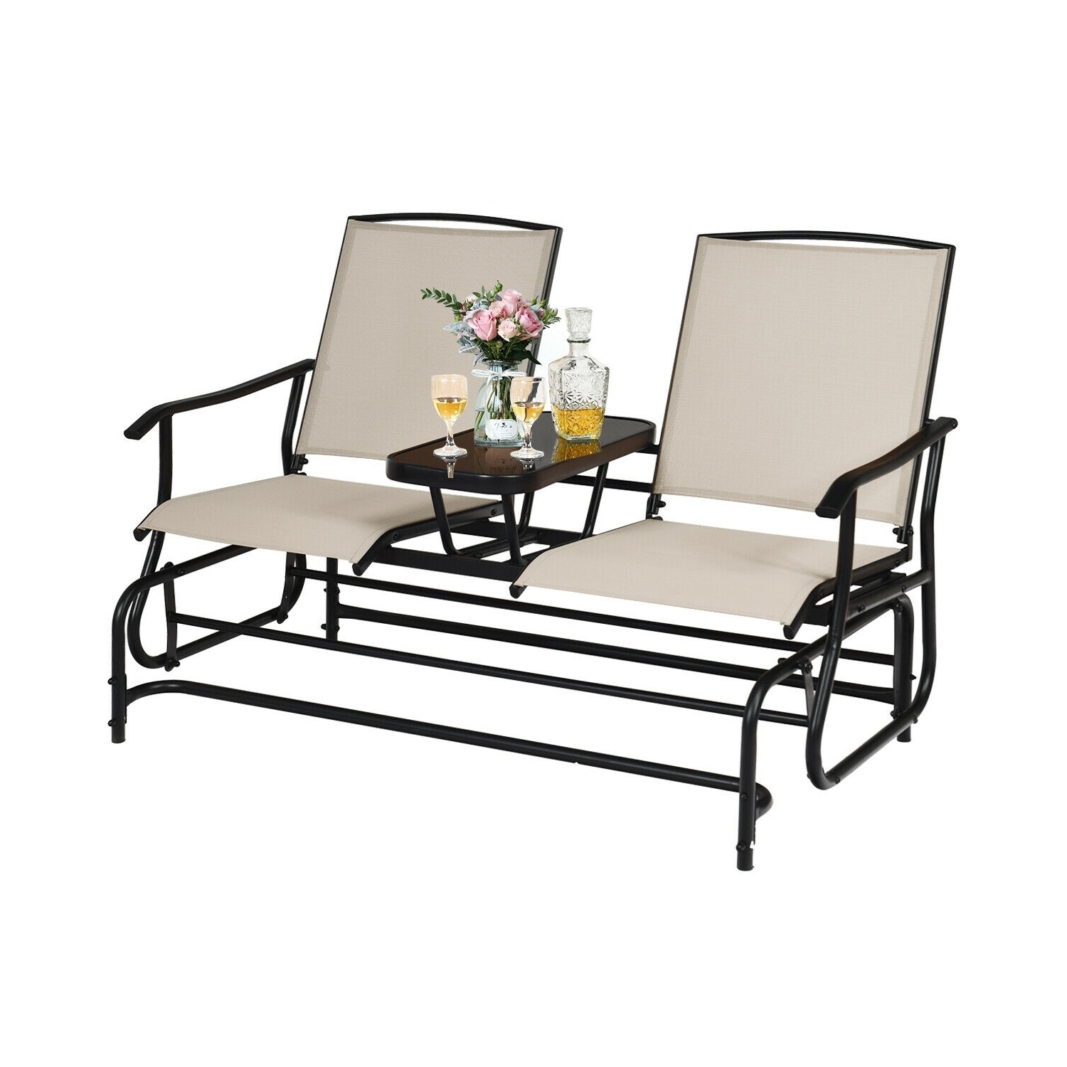 Causeuse berçante d'extérieur double pour 2&nbsp;personnes avec sièges en filet respirants et table en verre trempé intégrée