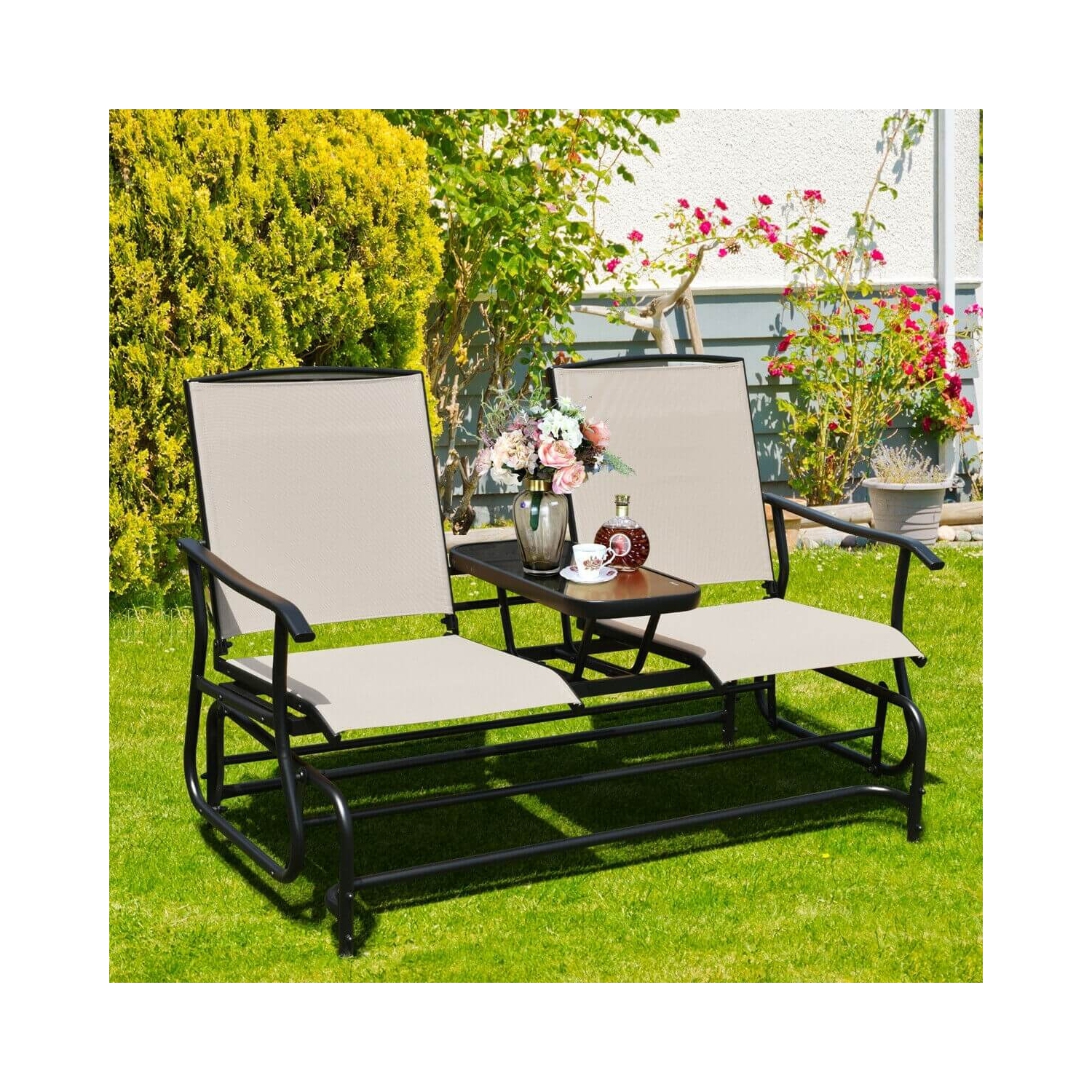 Causeuse berçante d'extérieur double pour 2&nbsp;personnes avec sièges en filet respirants et table en verre trempé intégrée