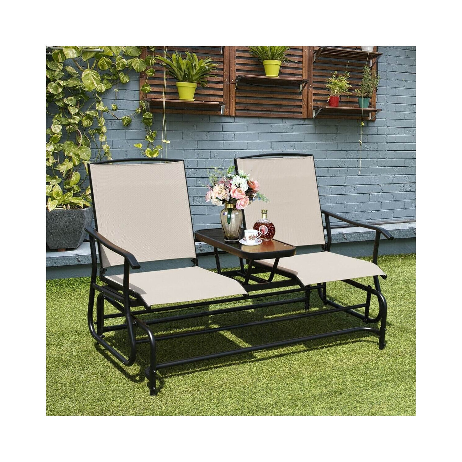 Causeuse berçante d'extérieur double pour 2&nbsp;personnes avec sièges en filet respirants et table en verre trempé intégrée