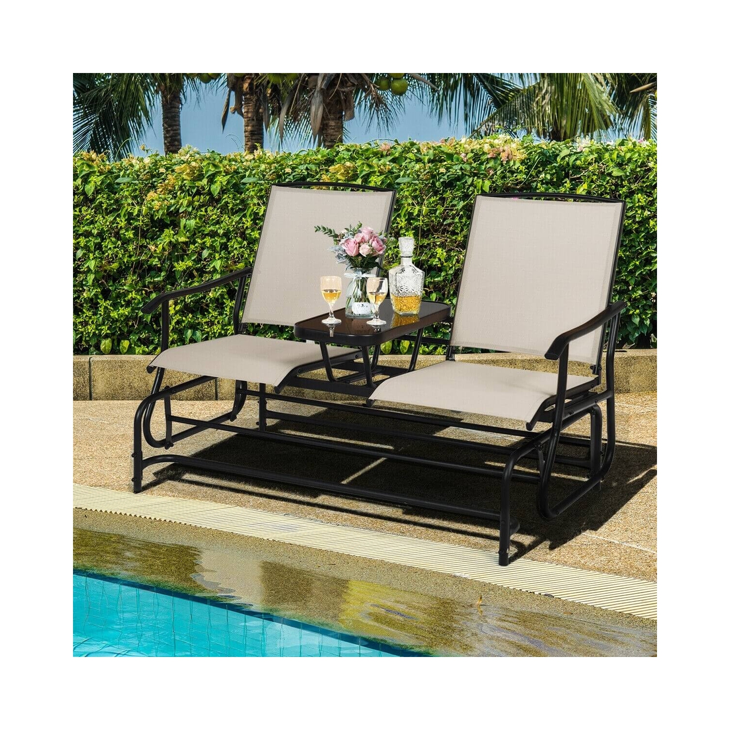 Causeuse berçante d'extérieur double pour 2&nbsp;personnes avec sièges en filet respirants et table en verre trempé intégrée