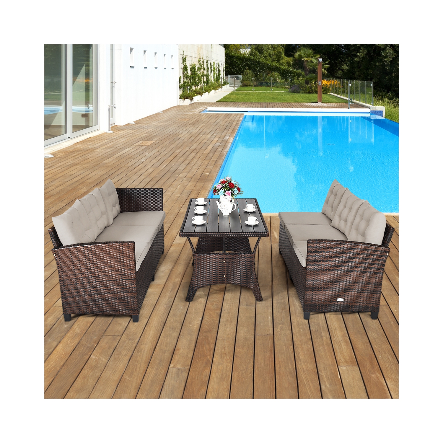 3 Pieces Rattan Sofa Set with Cushions for Patio Garden Lawn