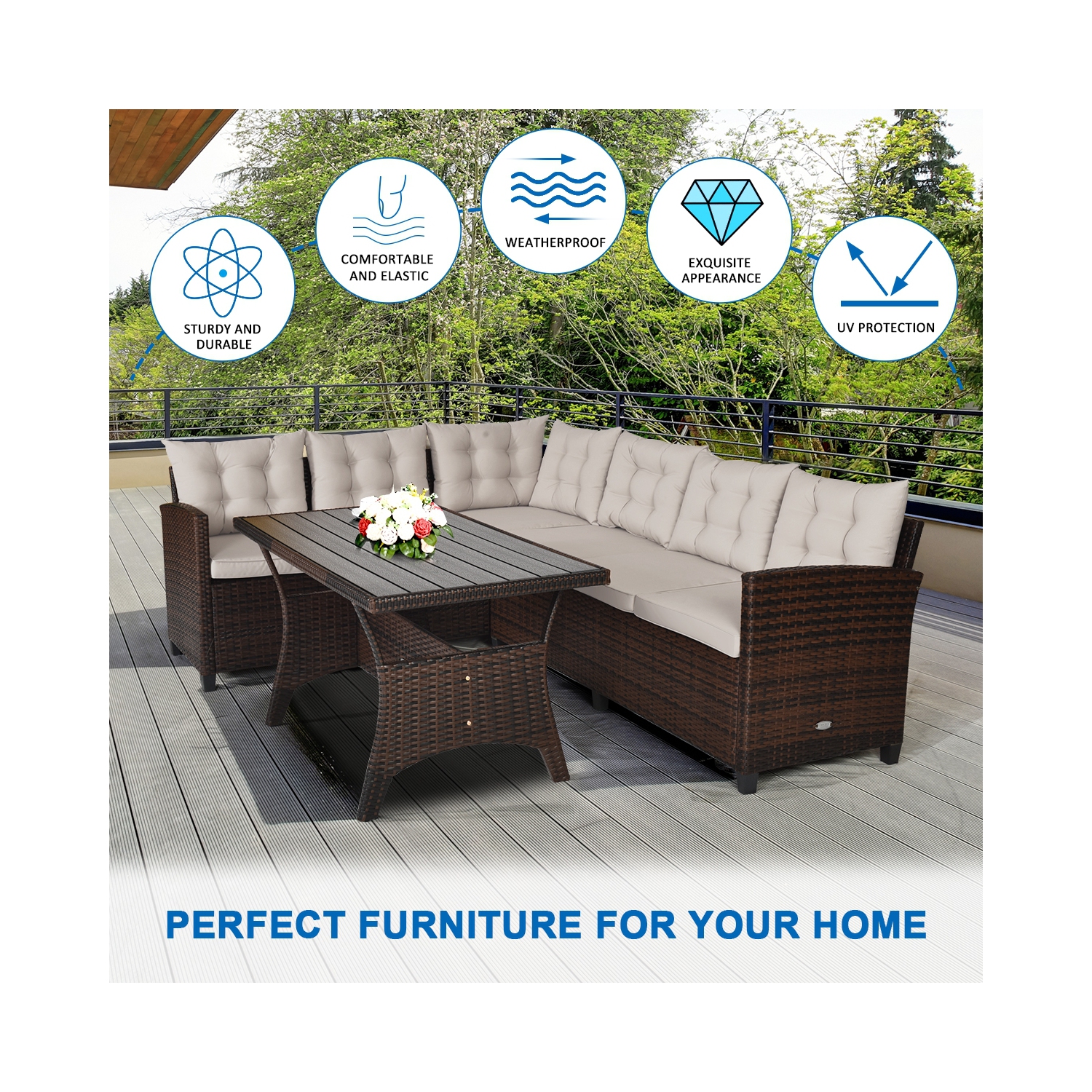 3 Pieces Rattan Sofa Set with Cushions for Patio Garden Lawn