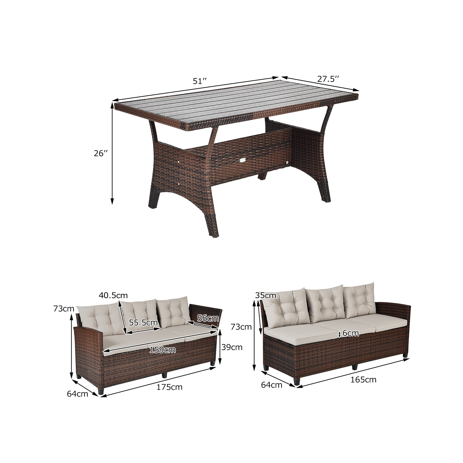 3 Pieces Rattan Sofa Set with Cushions for Patio Garden Lawn