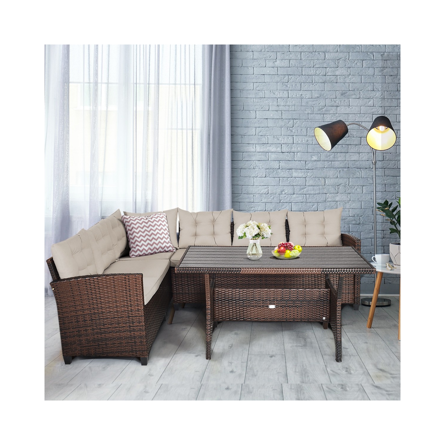 3 Pieces Rattan Sofa Set with Cushions for Patio Garden Lawn