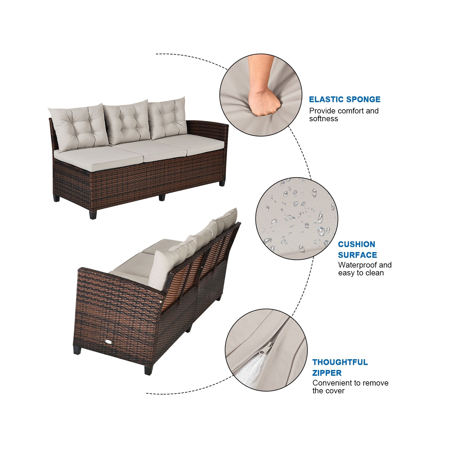 3 Pieces Rattan Sofa Set with Cushions for Patio Garden Lawn