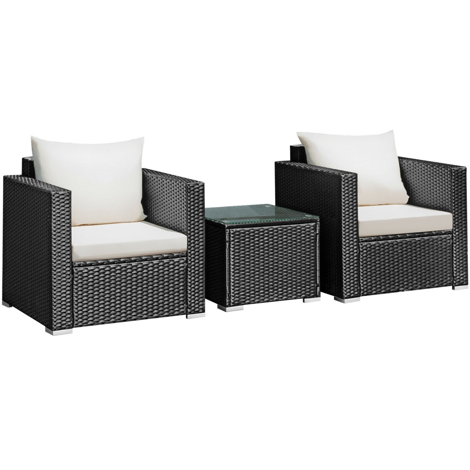 3 Pieces Patio wicker Furniture Set with Cushion-White