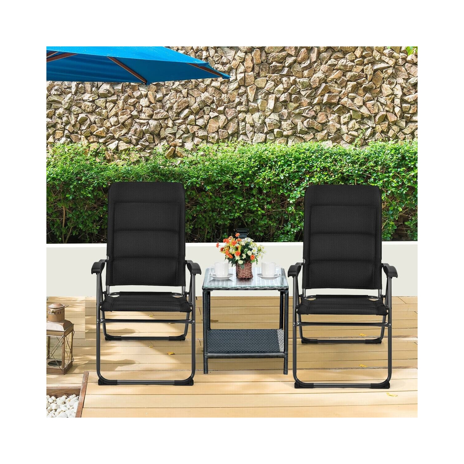 2 chaises de patio pliantes d’extérieur avec dossier réglable pour bistro et d’extérieur - Noir