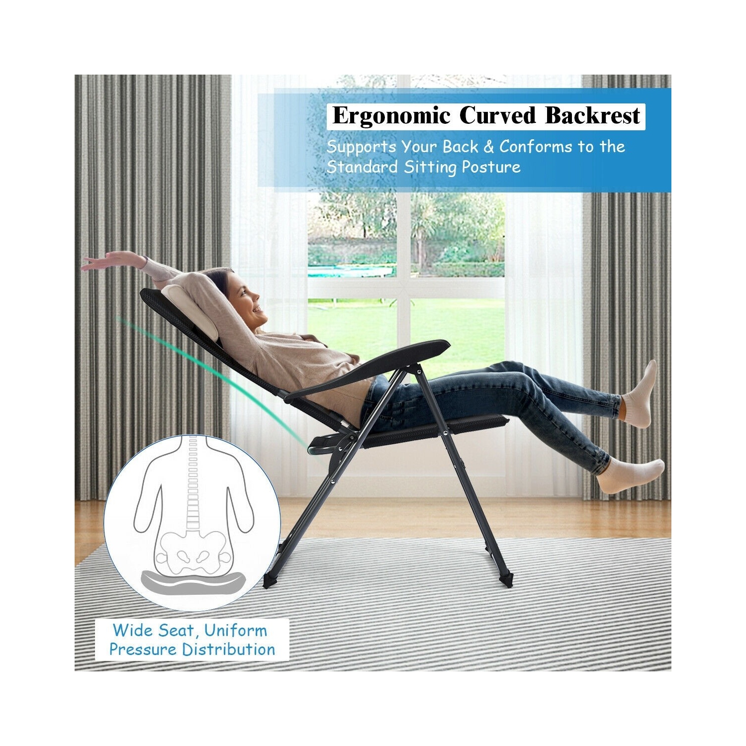 2 chaises de patio pliantes d’extérieur avec dossier réglable pour bistro et d’extérieur - Noir