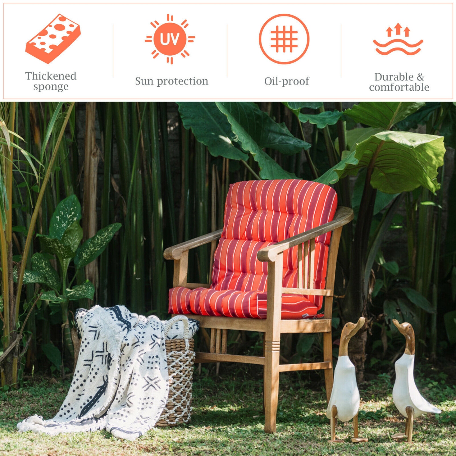 22 x 44 Inch Tufted Outdoor Patio Chair Seating Pad-Red & Orange