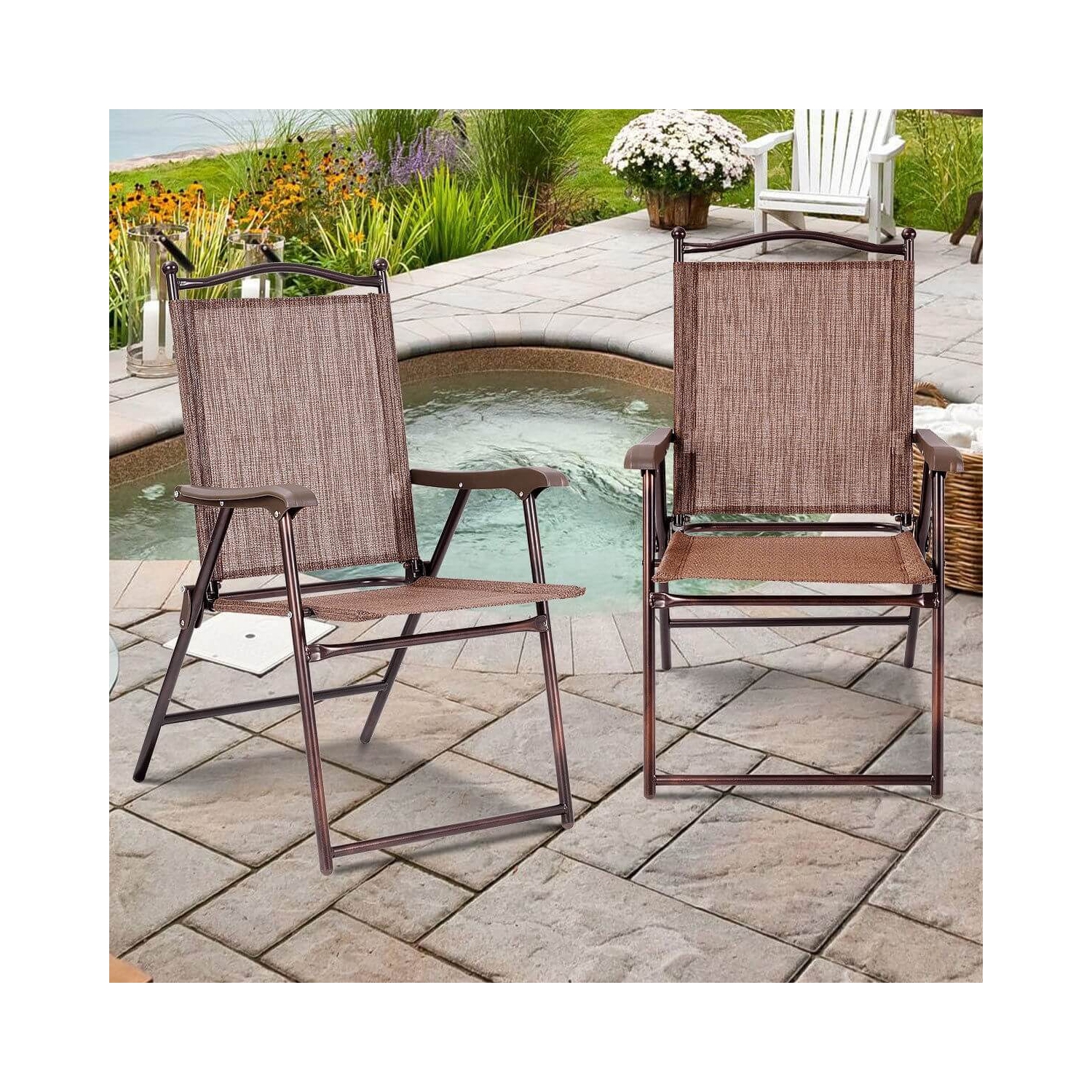 Ensemble de 2 chaises de camping pliantes à dossier en toile de patio - Café