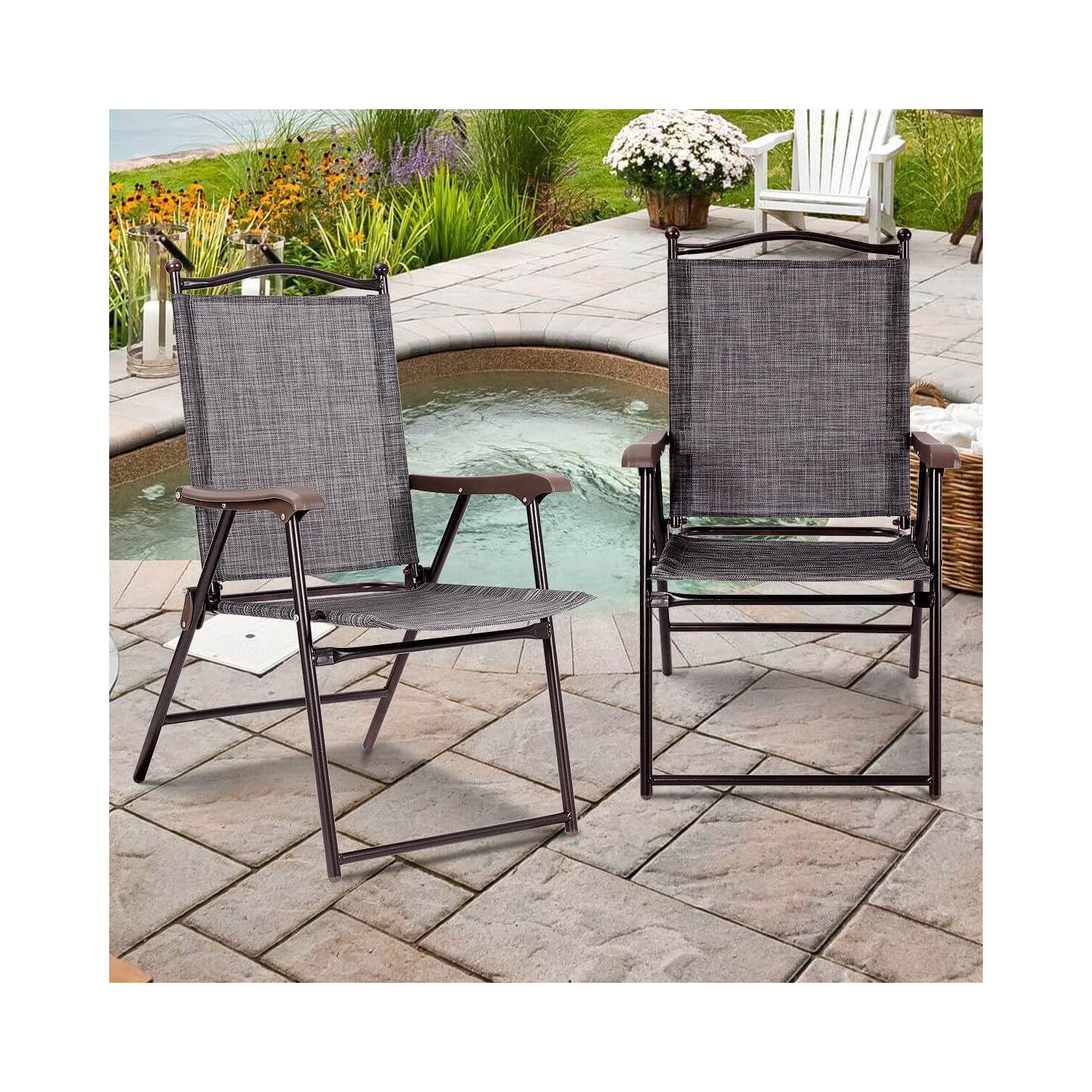 Set of 2 Patio Folding Sling Back Camping Deck Chairs-Gray