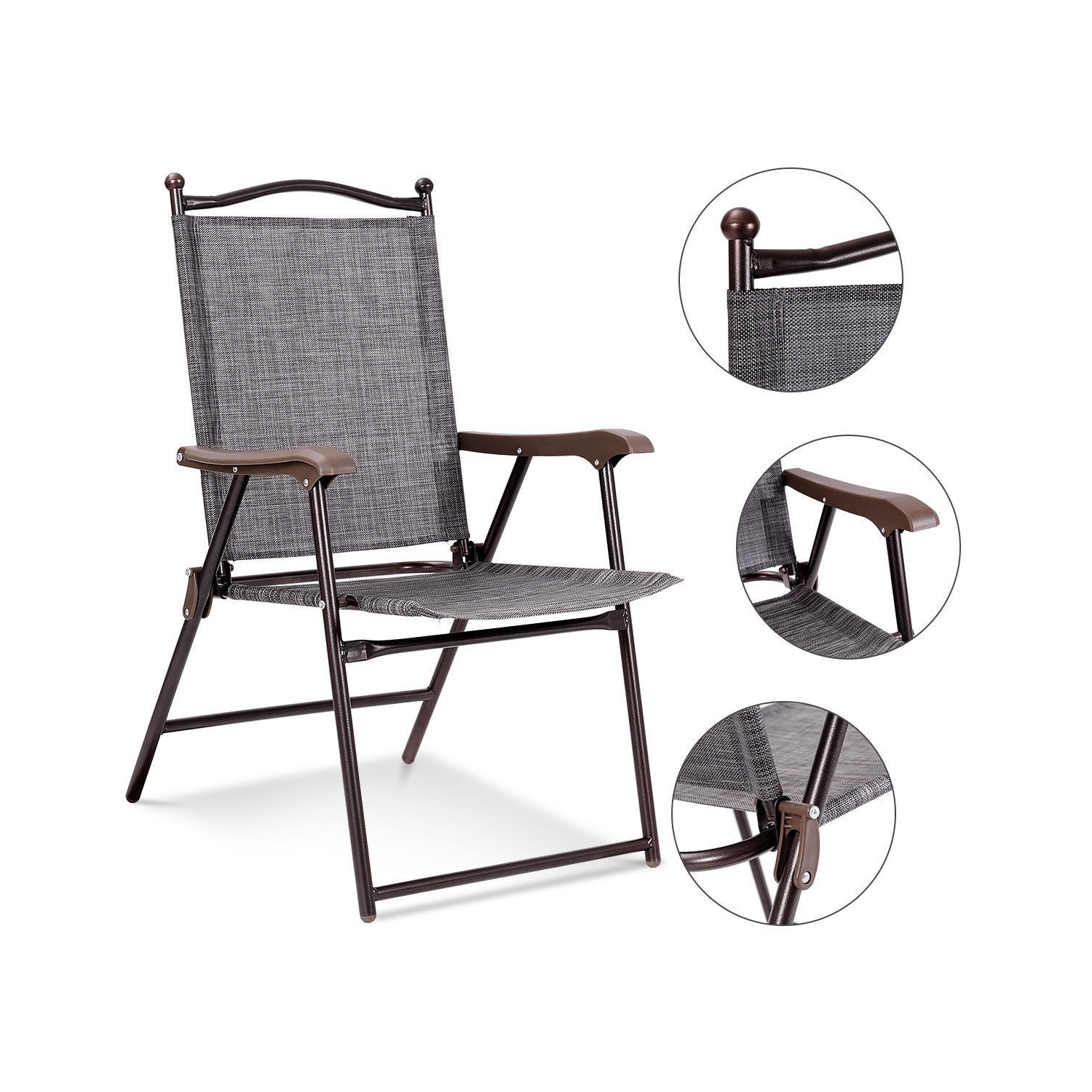 Set of 2 Patio Folding Sling Back Camping Deck Chairs-Gray