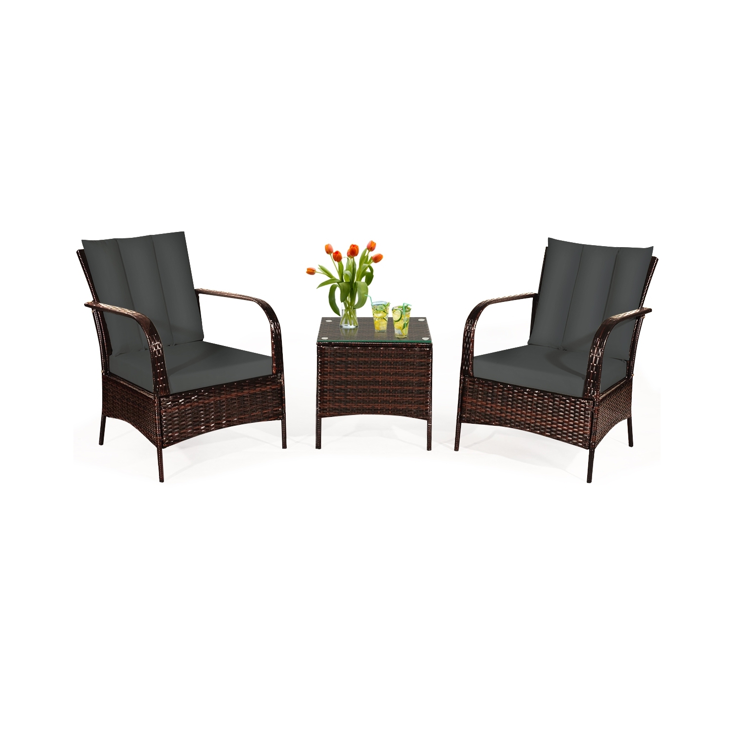 3 Pcs Patio Conversation Rattan Furniture Set with Glass Top Coffee Table and Cushions-Gray