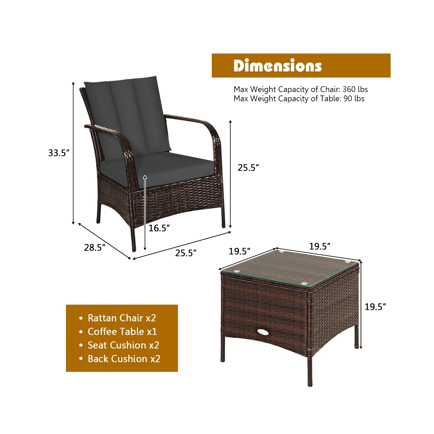 3 Pcs Patio Conversation Rattan Furniture Set with Glass Top Coffee Table and Cushions-Gray