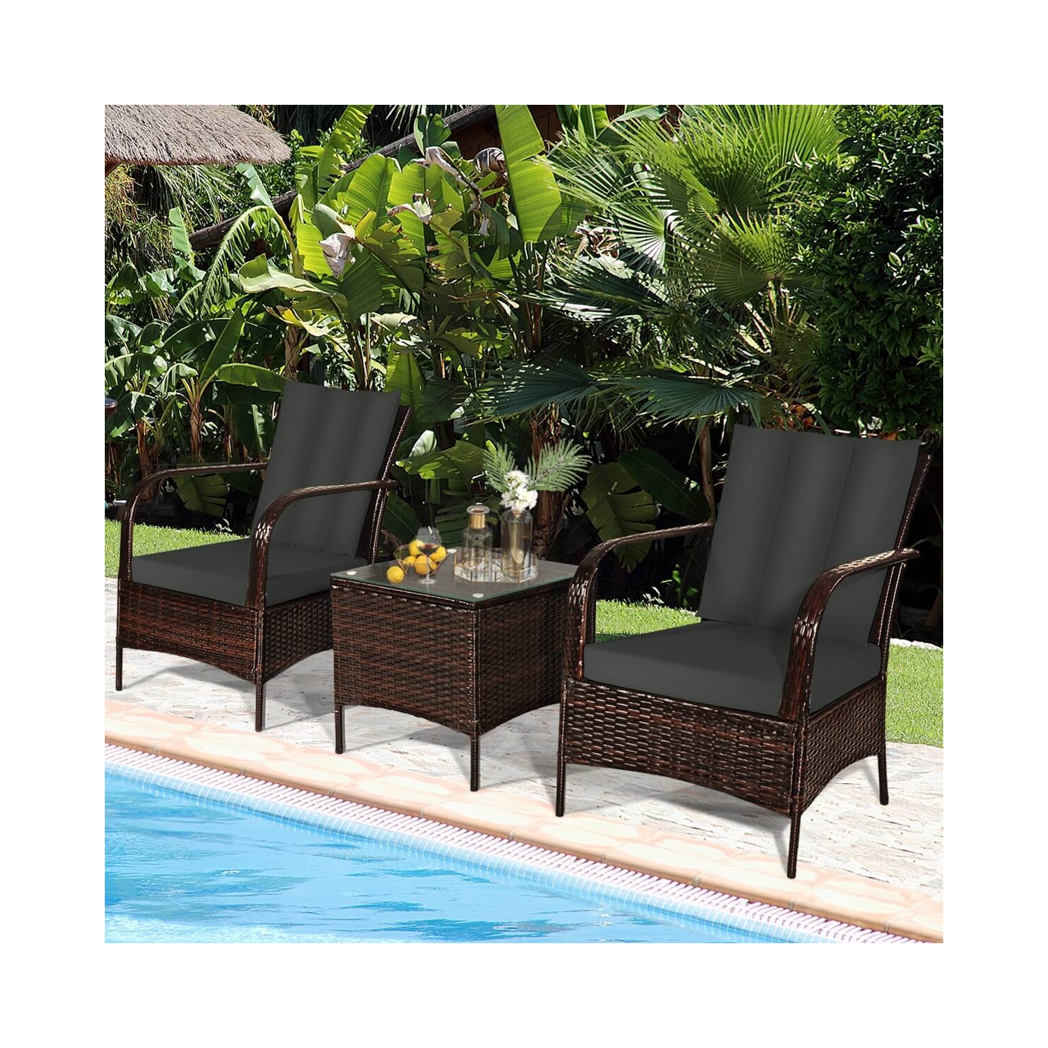 3 Pcs Patio Conversation Rattan Furniture Set with Glass Top Coffee Table and Cushions-Gray