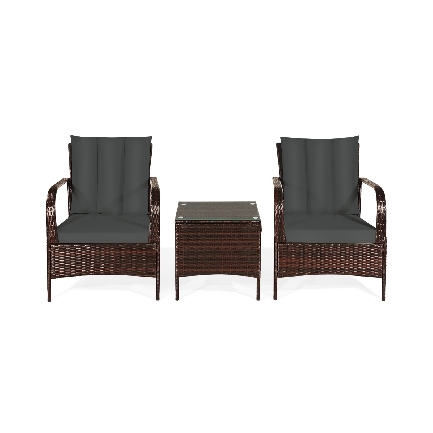 3 Pcs Patio Conversation Rattan Furniture Set with Glass Top Coffee Table and Cushions-Gray