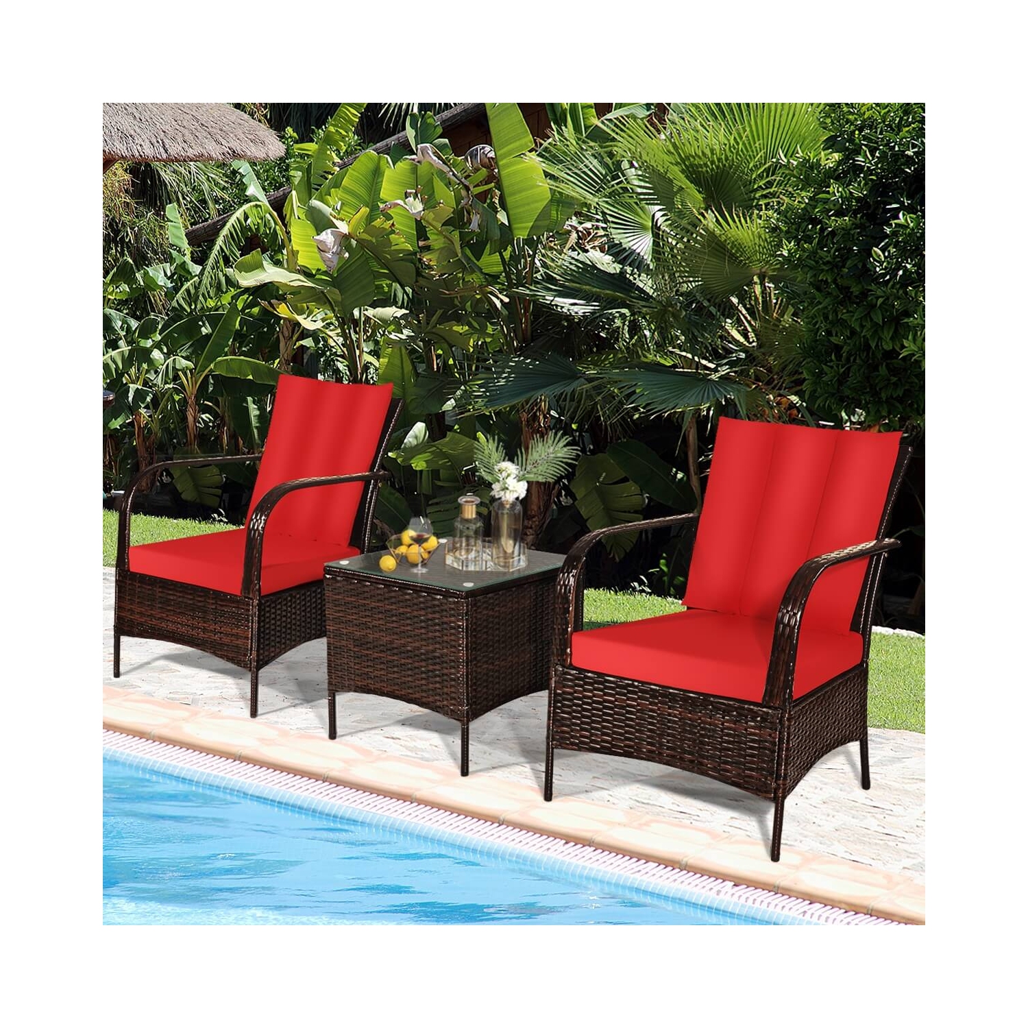 3 Pcs Patio Conversation Rattan Furniture Set with Glass Top Coffee Table and Cushions-Red