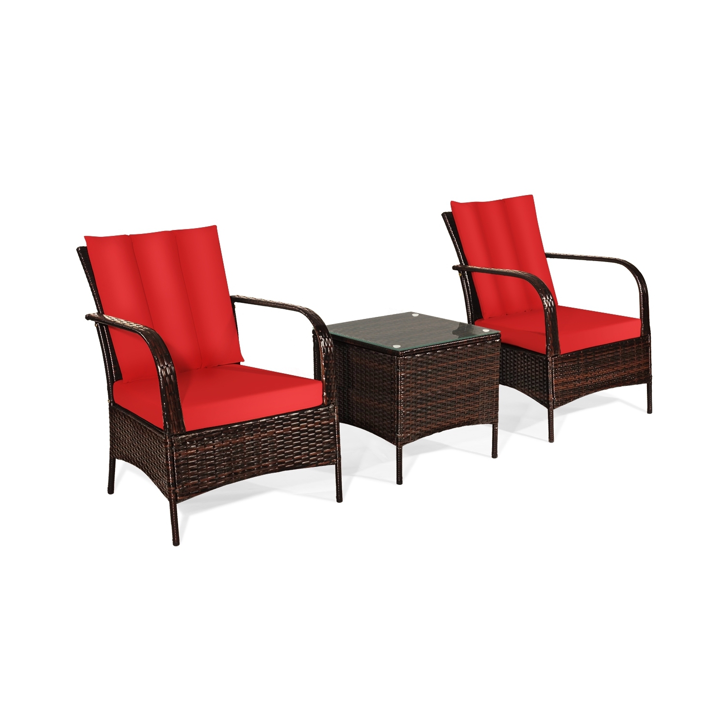 3 Pcs Patio Conversation Rattan Furniture Set with Glass Top Coffee Table and Cushions-Red