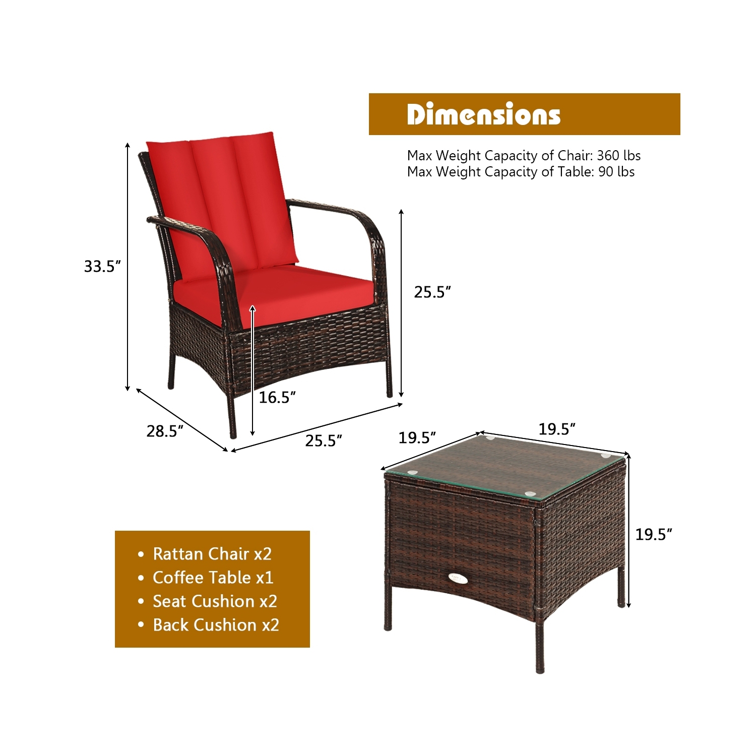 3 Pcs Patio Conversation Rattan Furniture Set with Glass Top Coffee Table and Cushions-Red