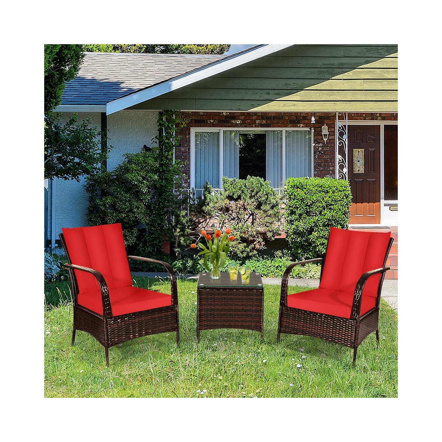 3 Pcs Patio Conversation Rattan Furniture Set with Glass Top Coffee Table and Cushions-Red