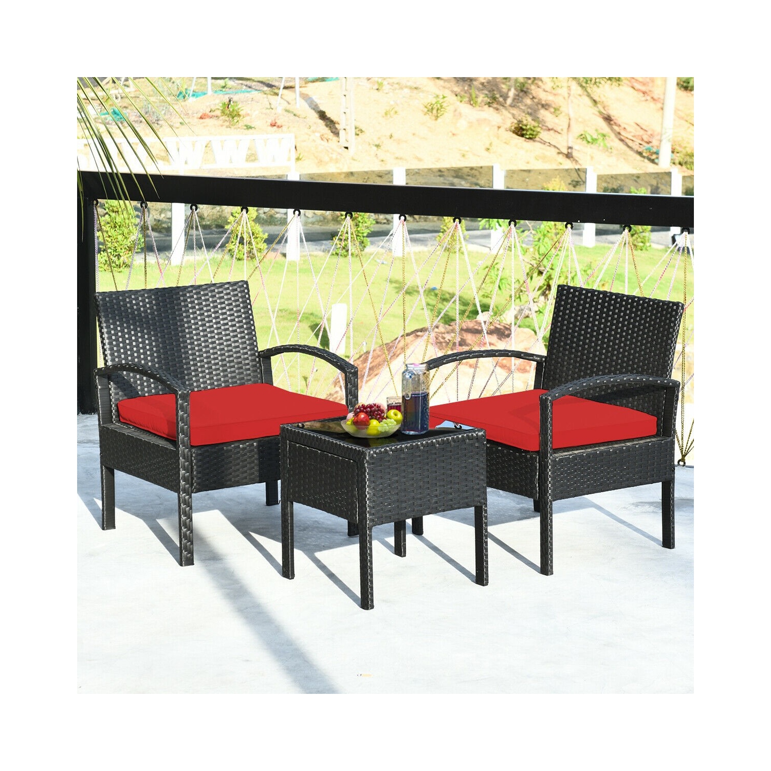 Stylish 3-Piece Rattan Patio Conversation Set with Cushions for Outdoor Spaces