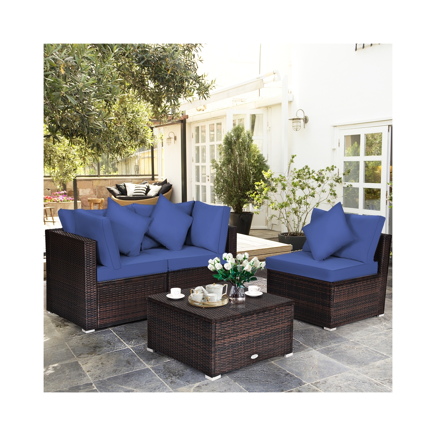 4-Piece Ottoman Garden Patio Rattan Wicker Furniture Set with Cushions