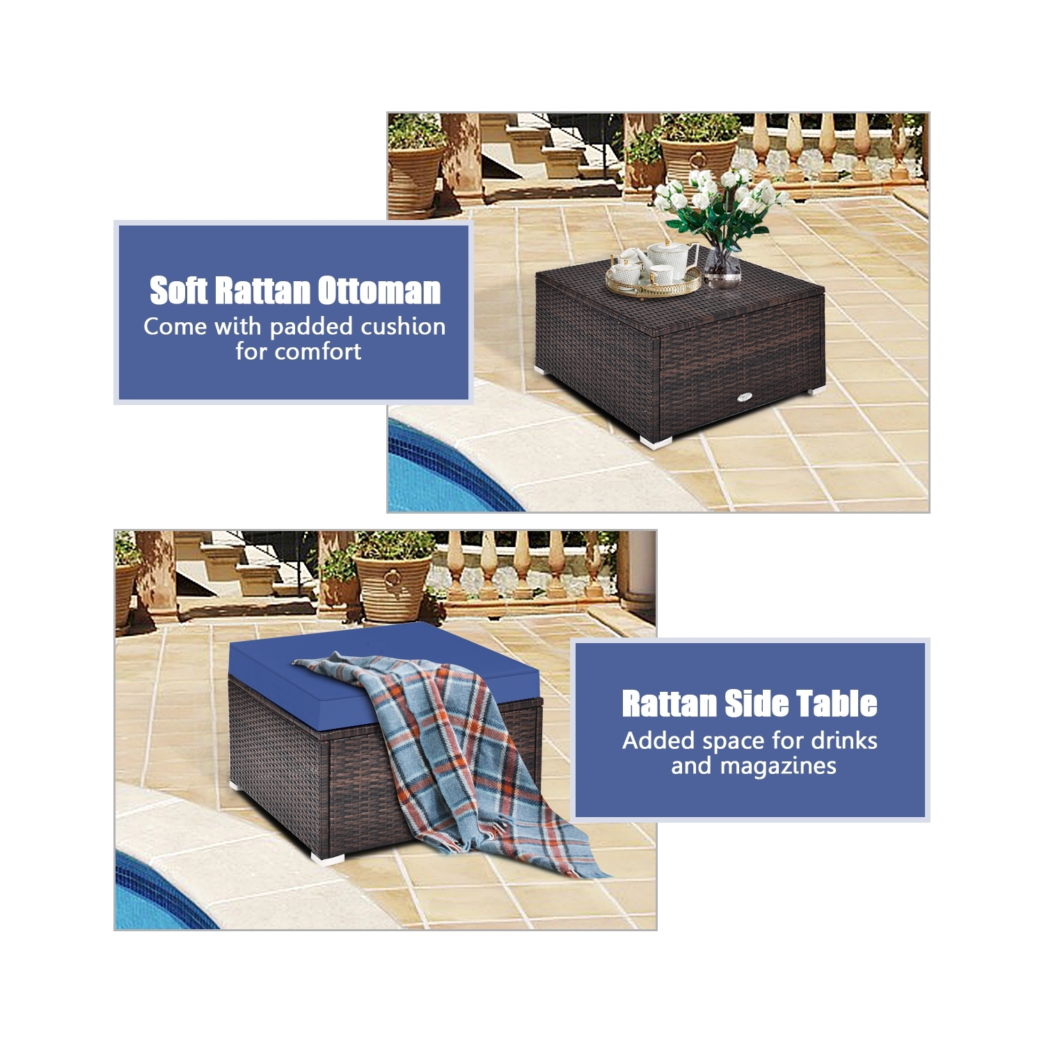 4-Piece Ottoman Garden Patio Rattan Wicker Furniture Set with Cushions