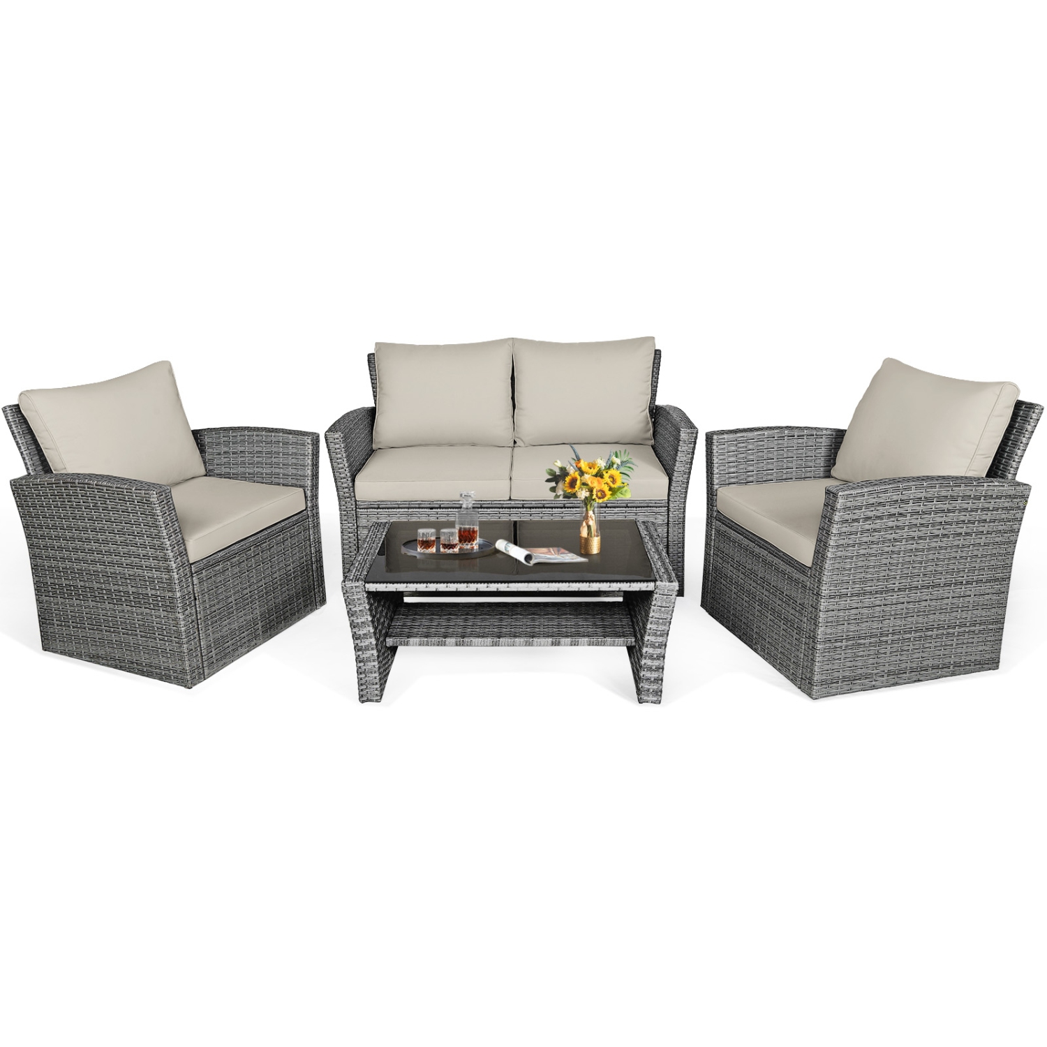 4-Piece Patio Rattan Furniture Set with Sofa, Table and Storage Shelf