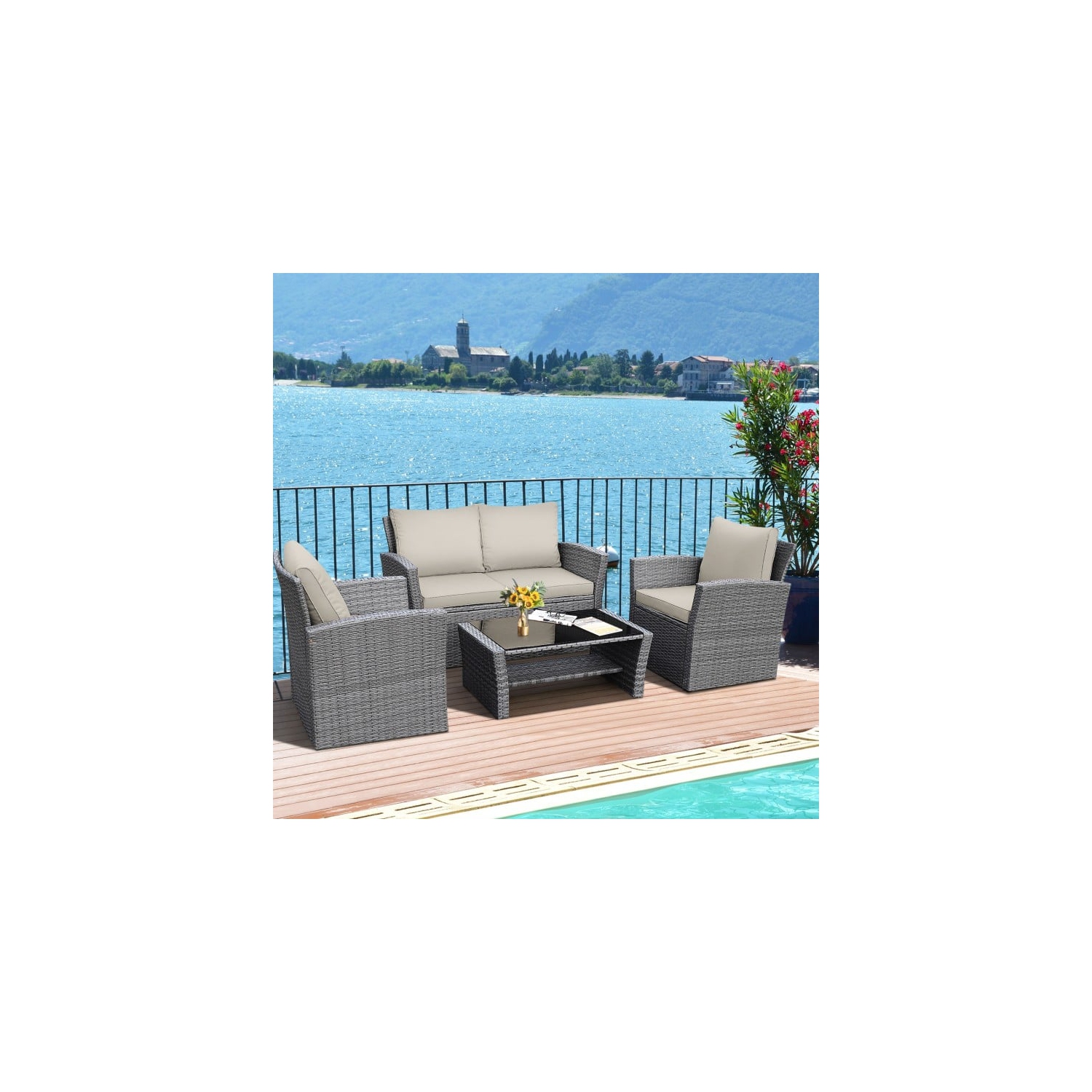 4-Piece Patio Rattan Furniture Set with Sofa, Table and Storage Shelf