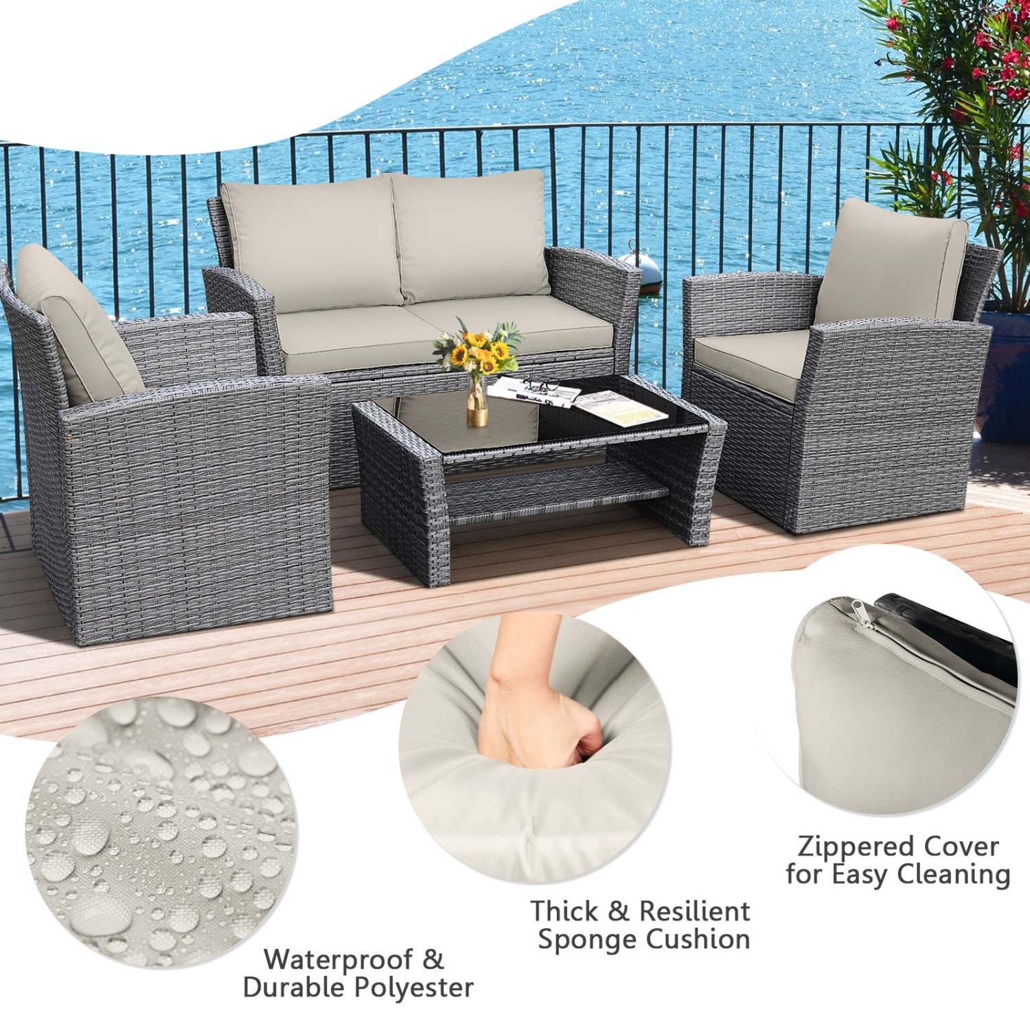 4-Piece Patio Rattan Furniture Set with Sofa, Table and Storage Shelf