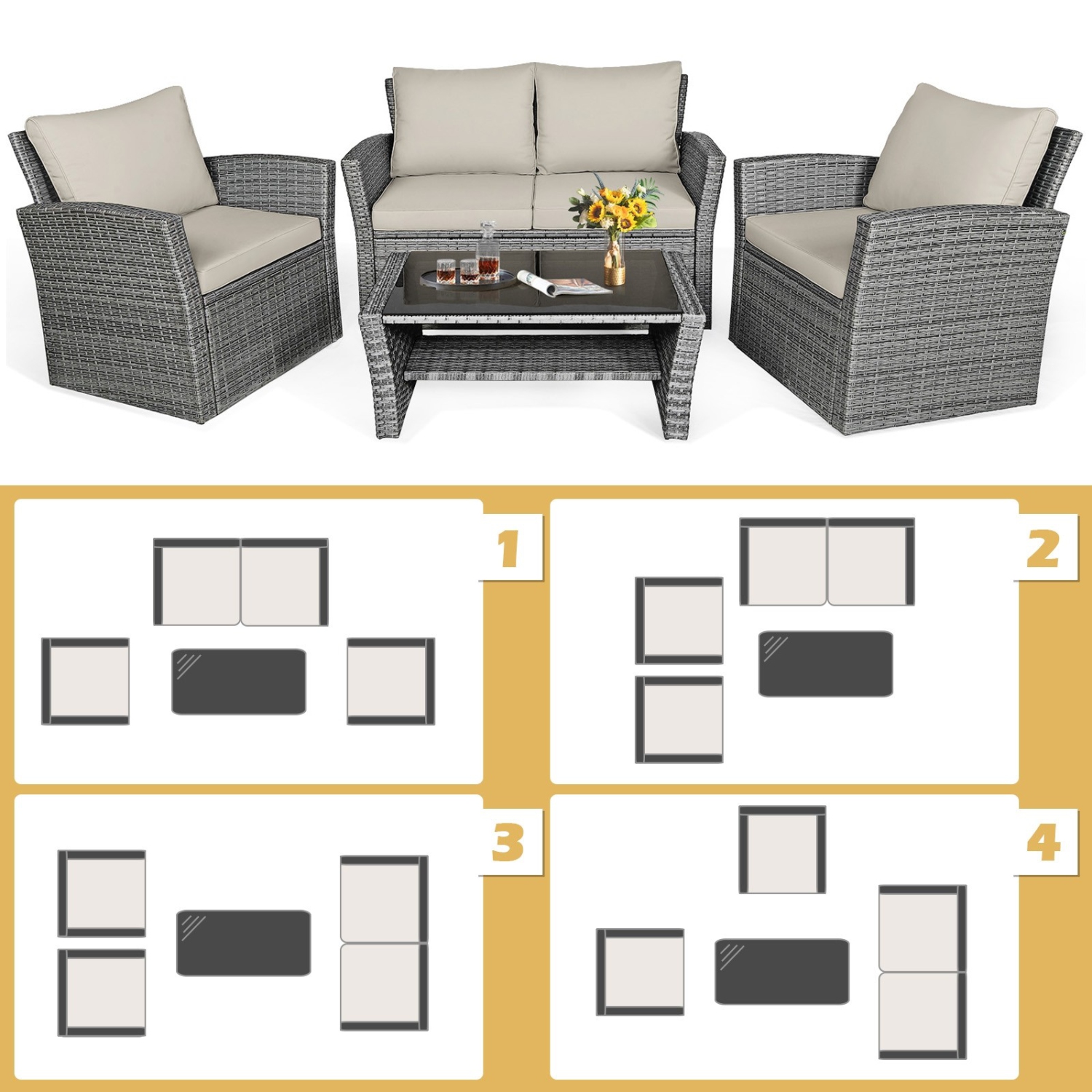 4-Piece Patio Rattan Furniture Set with Sofa, Table and Storage Shelf