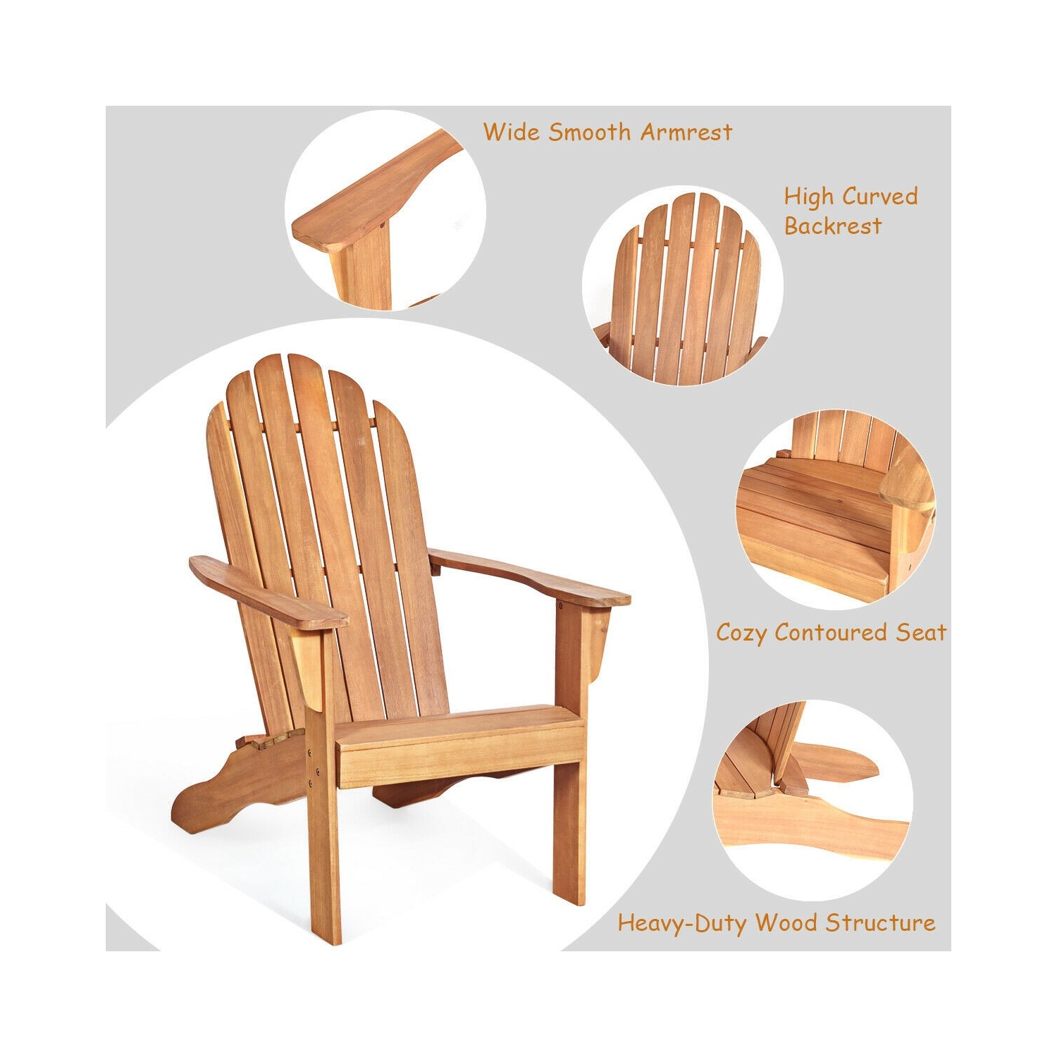 Wooden Outdoor Lounge Chair with Ergonomic Design for Yard and Garden-Natural