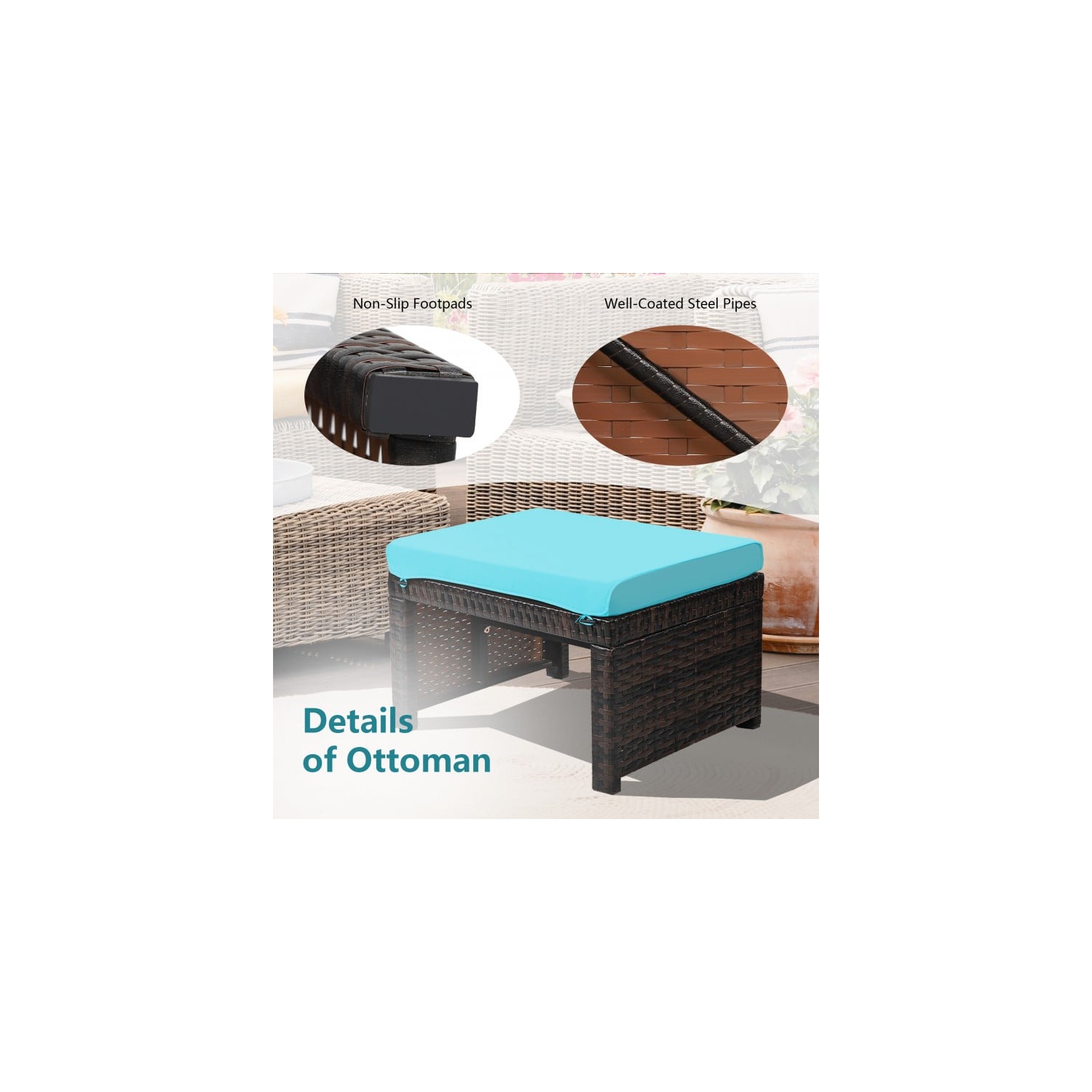 2 Pieces Patio Rattan Ottomans with Soft Cushion for Patio and Garden