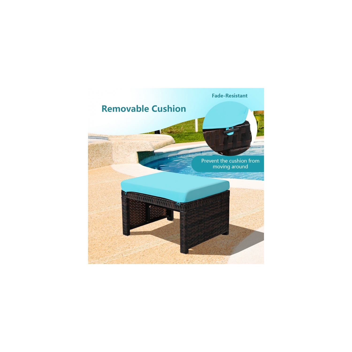 2 Pieces Patio Rattan Ottomans with Soft Cushion for Patio and Garden