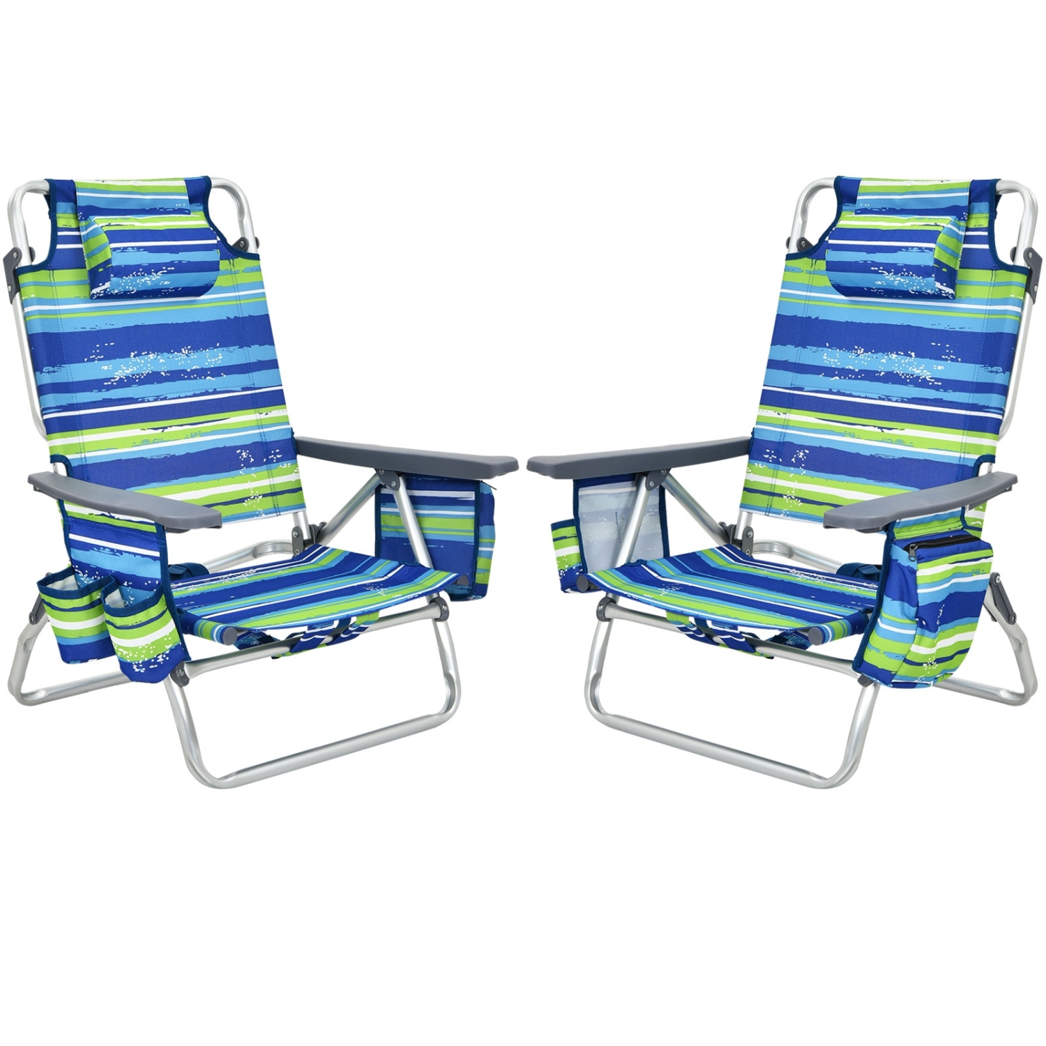 2-Piece Foldable Backpack Beach Chair Set with Cushioned Headrest and Storage Pocket