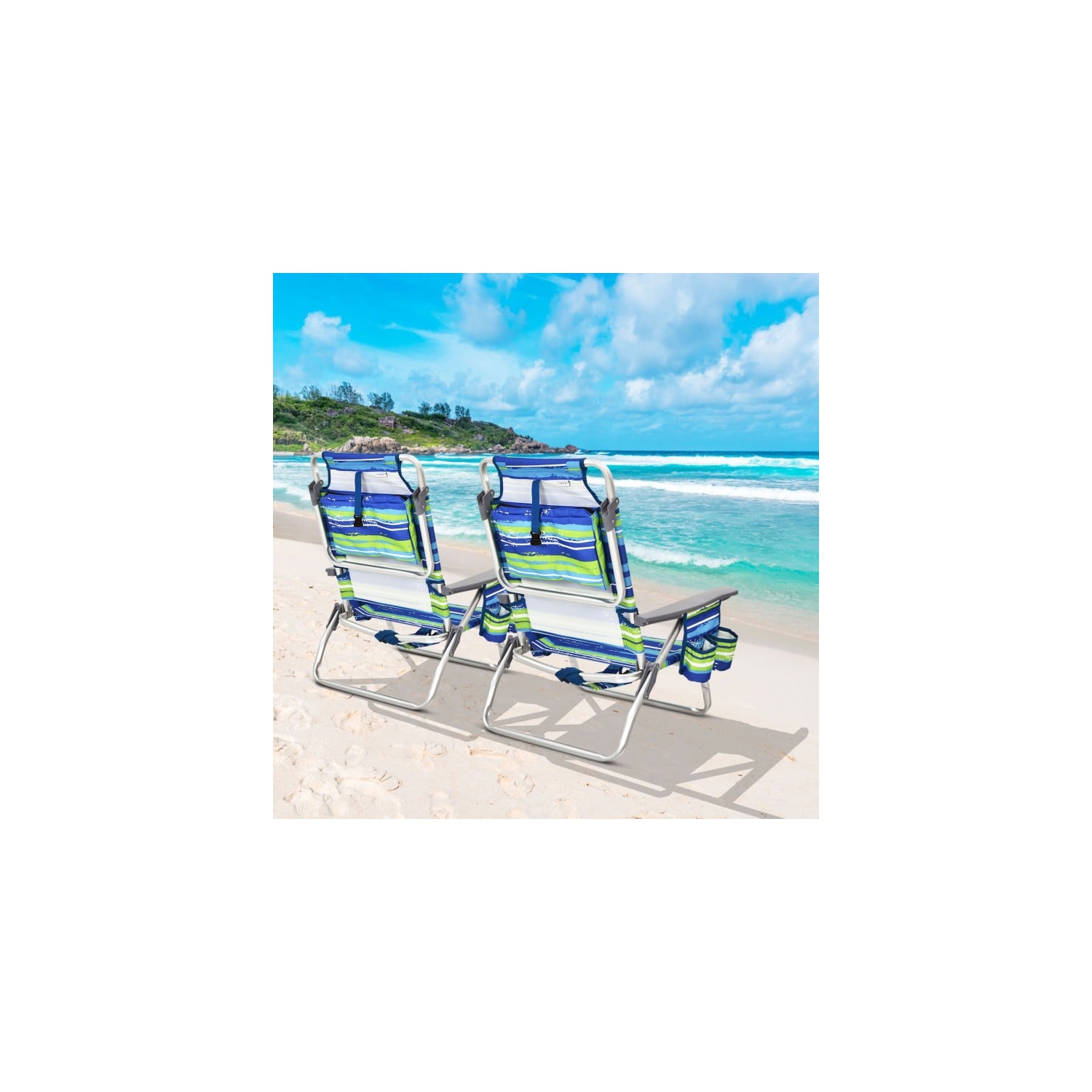 2-Piece Foldable Backpack Beach Chair Set with Cushioned Headrest and Storage Pocket