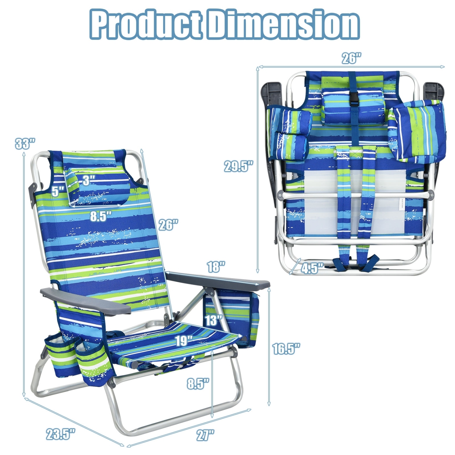 2-Piece Foldable Backpack Beach Chair Set with Cushioned Headrest and Storage Pocket