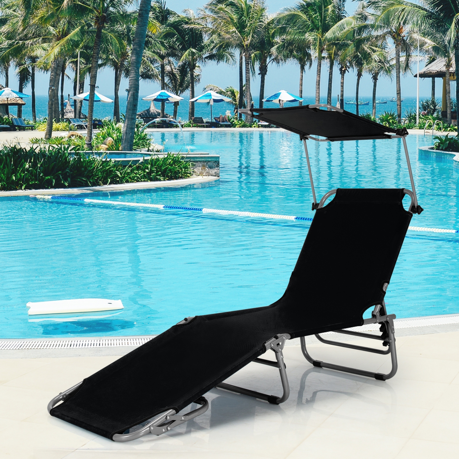 Adjustable Outdoor Beach Patio Pool Recliner with Sun Shade-Black
