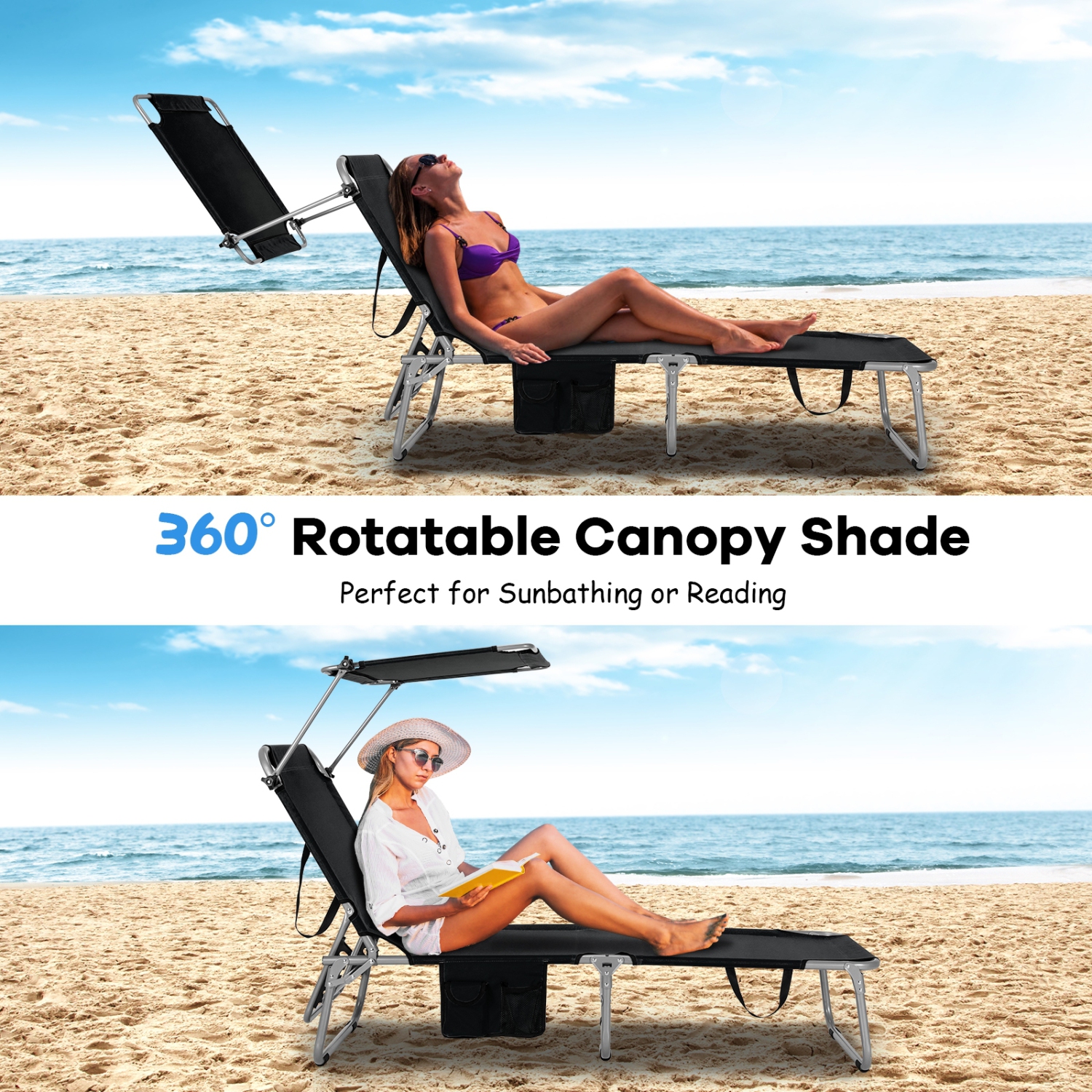 Adjustable Outdoor Beach Patio Pool Recliner with Sun Shade-Black